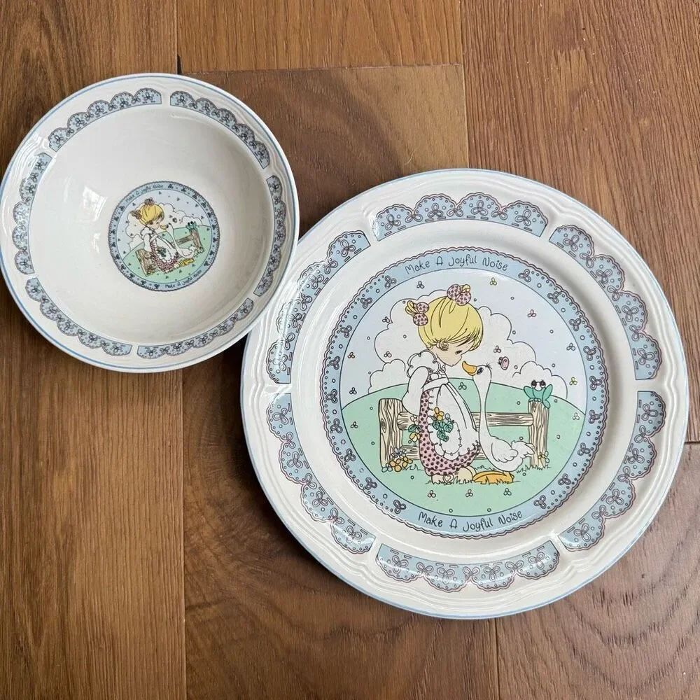 Vintage 90s 1992 Precious Moments 2pc Make A Joyful Noise Dinner Plate Bowl